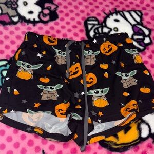 Halloween Themed Shorts with Baby Yoda Grogu Pumpkin Print
